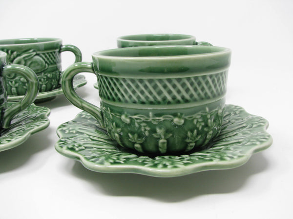 Vintage Bordallo Pinheiro Portugal Green Rabbit Ceramic Cups & Saucers - 8 Pieces