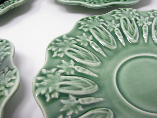 Vintage Bordallo Pinheiro Portugal Green Rabbit Ceramic Cups & Saucers - 8 Pieces