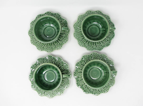 Vintage Bordallo Pinheiro Portugal Green Rabbit Ceramic Cups & Saucers - 8 Pieces