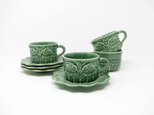 Vintage Bordallo Pinheiro Portugal Green Rabbit Ceramic Cups & Saucers - 8 Pieces