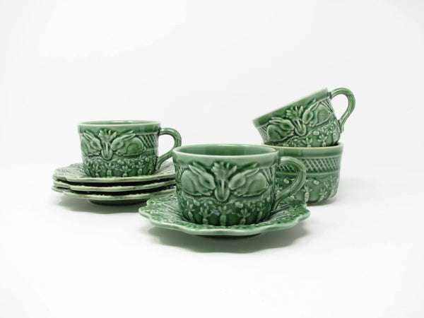 Vintage Bordallo Pinheiro Portugal Green Rabbit Ceramic Cups & Saucers - 8 Pieces