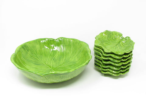 Vintage Cabbage or Lettuce Shaped Ceramic Serving Bowl Shallow Dish Set - 8 Pieces