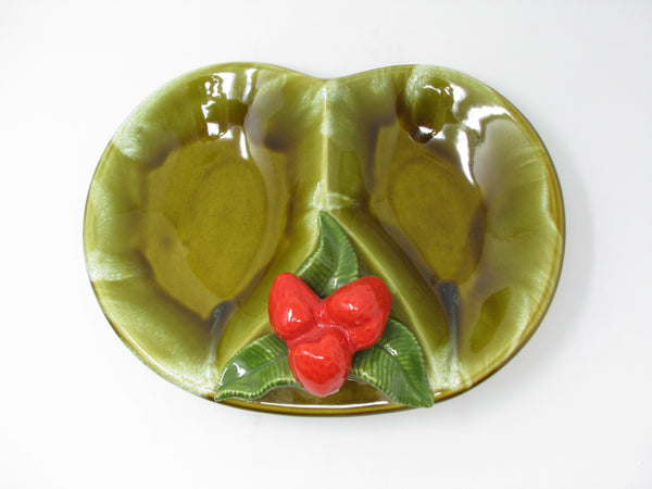 Vintage California Pottery Green Divided Strawberry Serving Dish