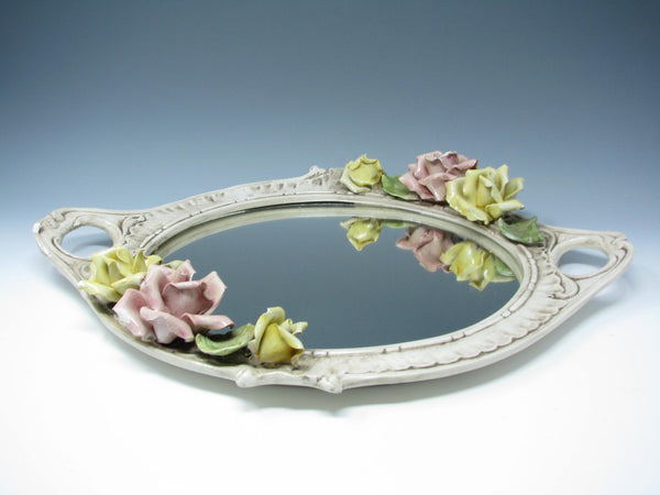 edgebrookhouse - Vintage Capodimonte Style Floral Roses Mirrored Decorative Vanity Tray