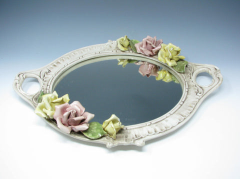 Vintage Capodimonte Style Floral Roses Mirrored Decorative Vanity Tray
