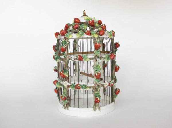Vintage Capodimonte Style Italian Ceramic Decorative Bird Cage / Aviary with Strawberries