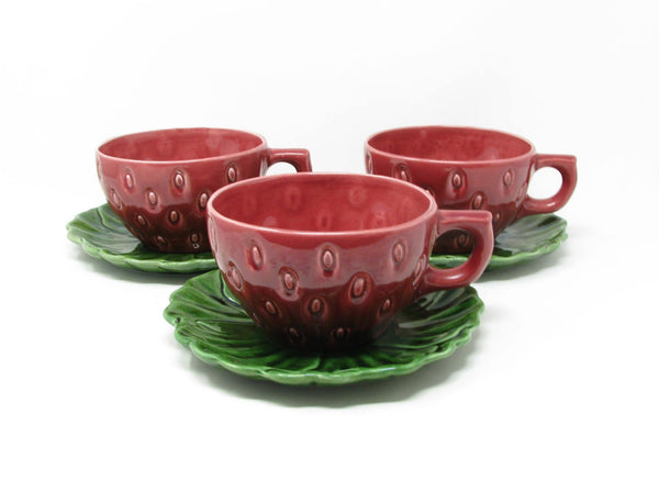 Vintage Cemar California Pottery Strawberry Breakfast Cups & Saucers - 6 Pieces