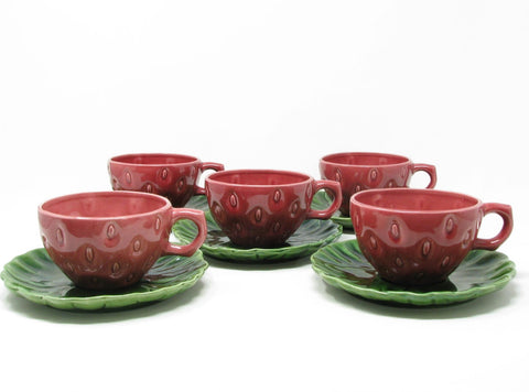 Vintage Cemar California Pottery Strawberry Cups & Saucers - 10 Pieces