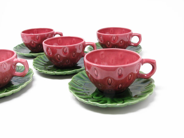 Vintage Cemar California Pottery Strawberry Cups & Saucers - 10 Pieces