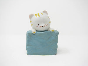 Vintage Ceramic Kitty Cat in Bag Piggy Bank Figurine