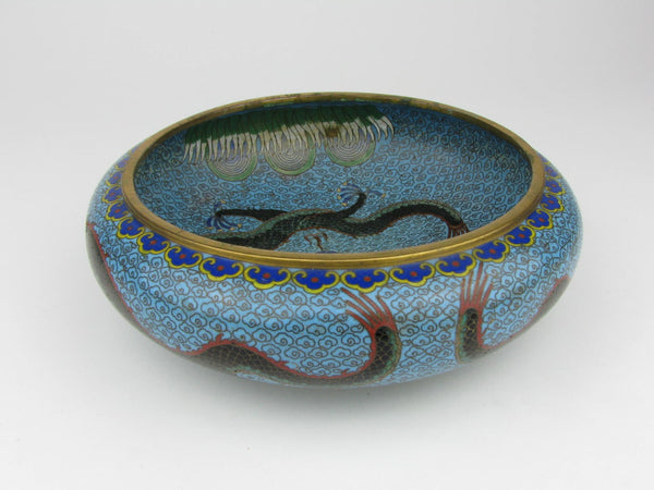 Vintage Chinese Cloisonne Enamel Dish with Dragons Chasing the Pearl