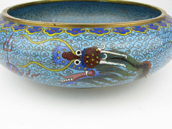 Vintage Chinese Cloisonne Enamel Dish with Dragons Chasing the Pearl