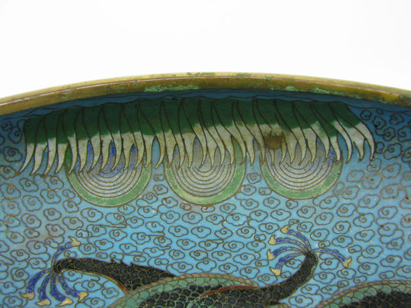 Vintage Chinese Cloisonne Enamel Dish with Dragons Chasing the Pearl