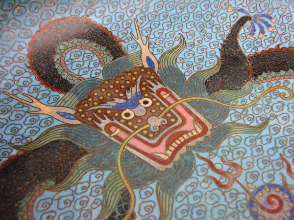 Vintage Chinese Cloisonne Enamel Dish with Dragons Chasing the Pearl