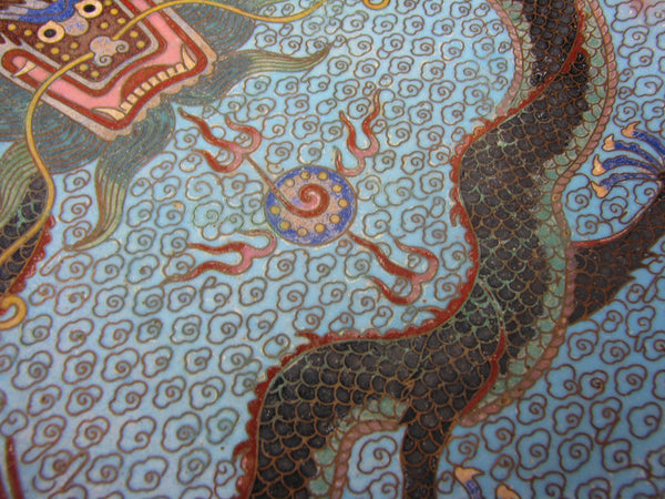 Vintage Chinese Cloisonne Enamel Dish with Dragons Chasing the Pearl