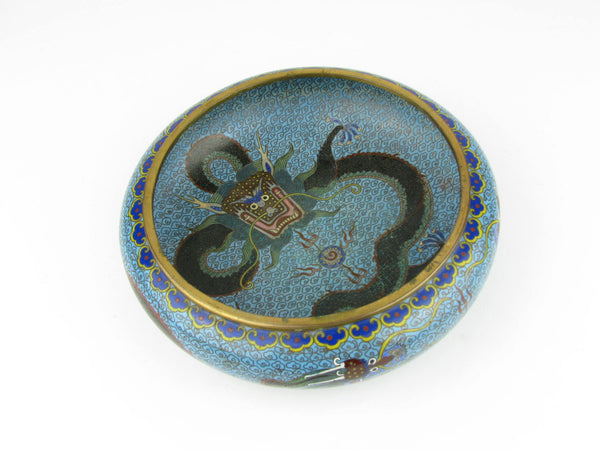 Vintage Chinese Cloisonne Enamel Dish with Dragons Chasing the Pearl