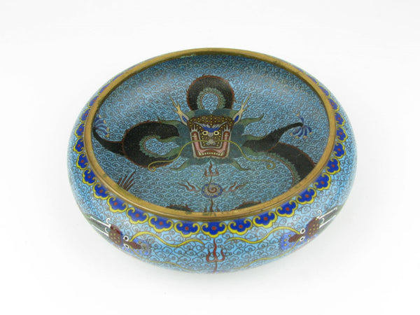 Vintage Chinese Cloisonne Enamel Dish with Dragons Chasing the Pearl