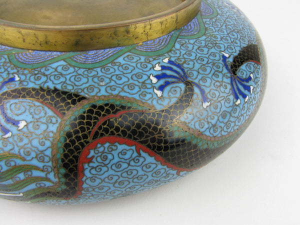 Vintage Chinese Cloisonne Enamel Dish with Dragons Chasing the Pearl