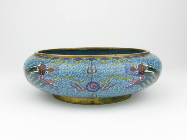 Vintage Chinese Cloisonne Enamel Dish with Dragons Chasing the Pearl