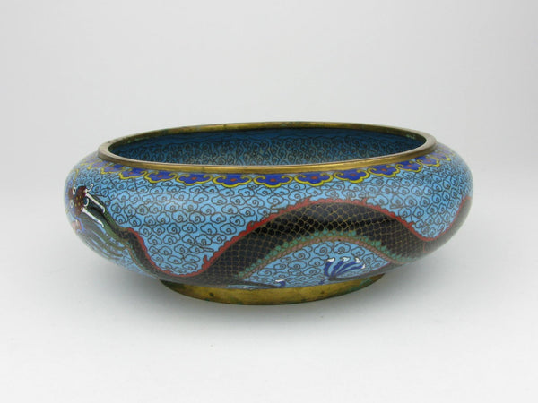 Vintage Chinese Cloisonne Enamel Dish with Dragons Chasing the Pearl