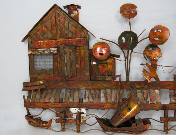 edgebrookhouse - Vintage Curtis Jere Style Torch Cut Copper Wall Sculpture of a Boat Dock Scene