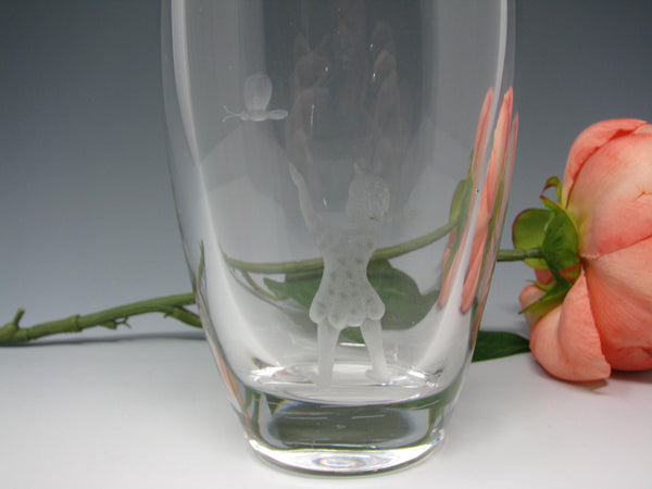 Vintage Ekenas Sweden Crystal Vase with Etched Child and Butterfly - Signed