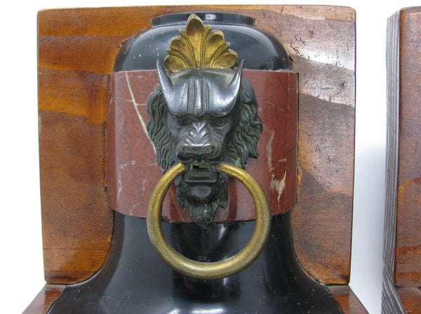 edgebrookhouse Vintage English Regency Lion Knocker Bookends with Wood Base - a Pair