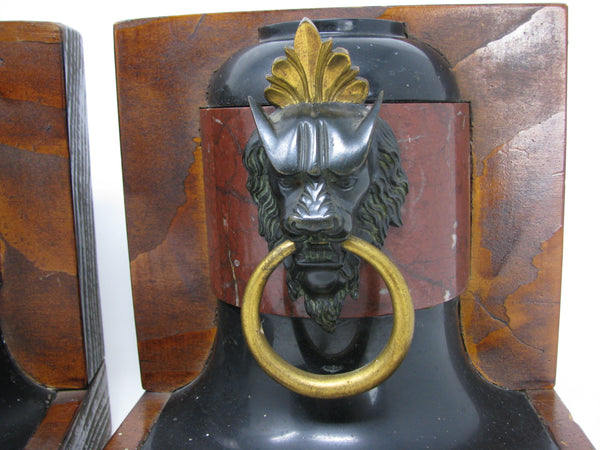 edgebrookhouse Vintage English Regency Lion Knocker Bookends with Wood Base - a Pair