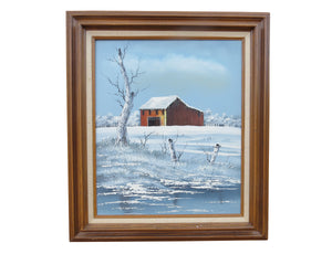 Vintage Everett Woodson Oil on Canvas Snow Scene Painting Featuring a Barn