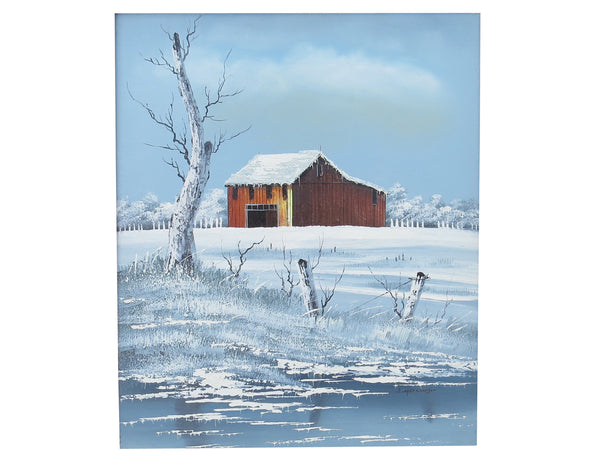 edgebrookhouse Vintage Everett Woodson Oil on Canvas Snow Scene Painting Featuring a Barn