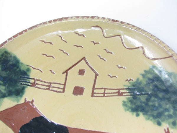 Vintage Fairfield Folk Art FFA Redware Pottery Plate with Cow
