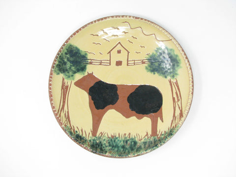 Vintage Fairfield Folk Art FFA Redware Pottery Plate with Cow