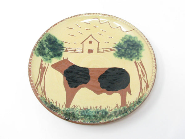 Vintage Fairfield Folk Art FFA Redware Pottery Plate with Cow