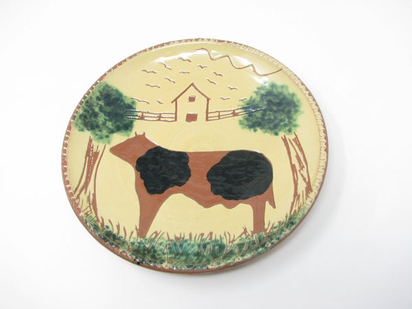 Vintage Fairfield Folk Art FFA Redware Pottery Plate with Cow