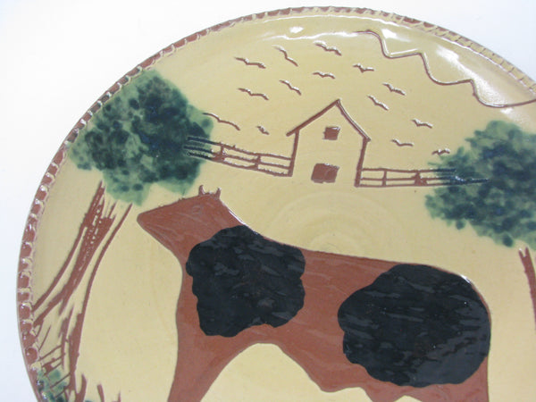 Vintage Fairfield Folk Art FFA Redware Pottery Plate with Cow