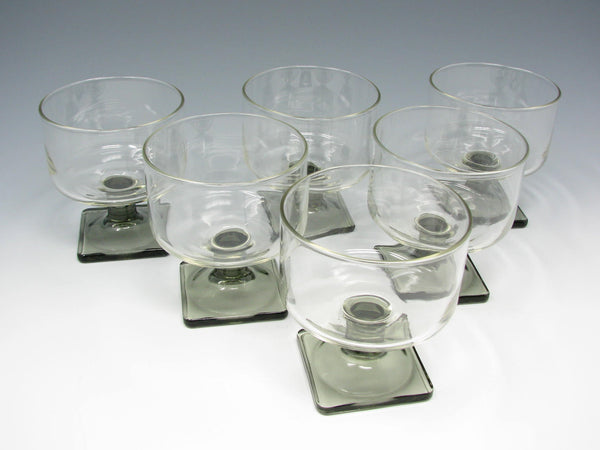 Vintage Federal Glass Nordic Midnight Cylinder Shaped Champagne Sherbet Glasses with Square Smoke Gray Base - 6 Pieces