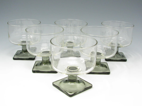 Vintage Federal Glass Nordic Midnight Cylinder Shaped Champagne Sherbet Glasses with Square Smoke Gray Base - 6 Pieces