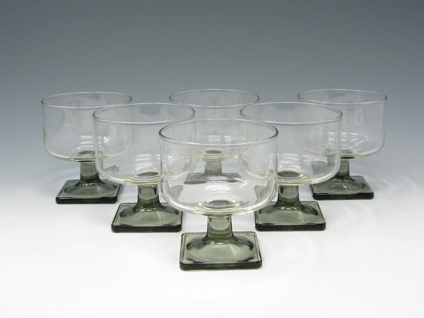 Vintage Federal Glass Nordic Midnight Cylinder Shaped Champagne Sherbet Glasses with Square Smoke Gray Base - 6 Pieces
