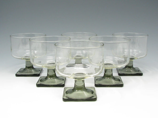 Vintage Federal Glass Nordic Midnight Cylinder Shaped Champagne Sherbet Glasses with Square Smoke Gray Base - 6 Pieces
