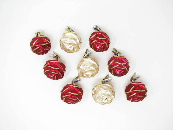 Vintage Rose Rosette or Pinecone Figural Glass Ornaments Made in Germany - 9 Pieces