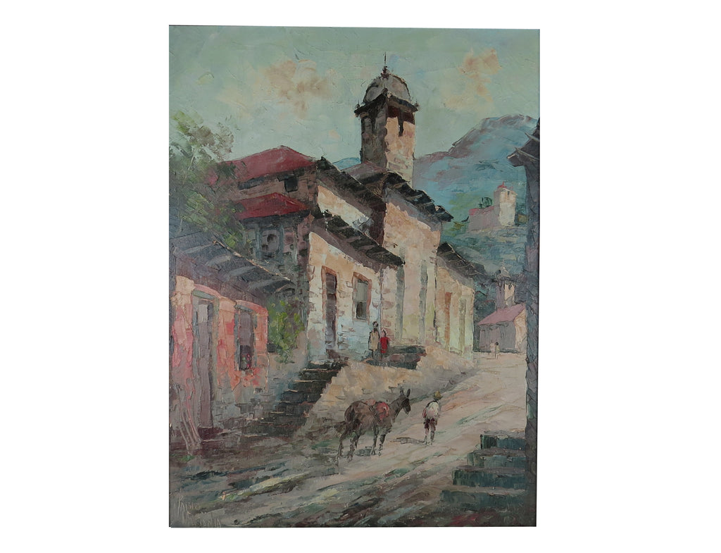 Vintage Framed Oil on Canvas of a Brazilian Village Scene Signed