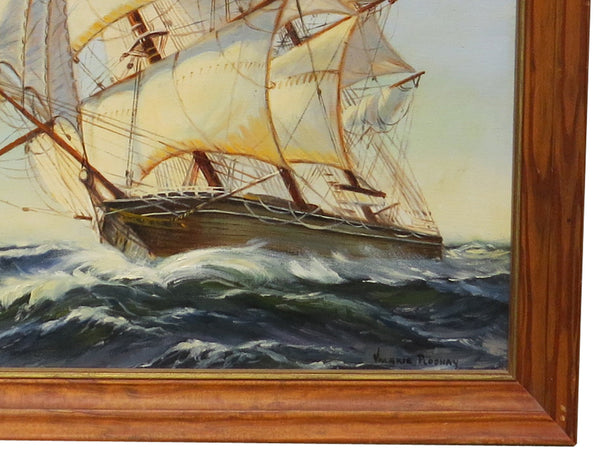 edgebrookhouse Vintage Framed Seascape Oil on Board by Valerie Ploshay of a Clipper Ship