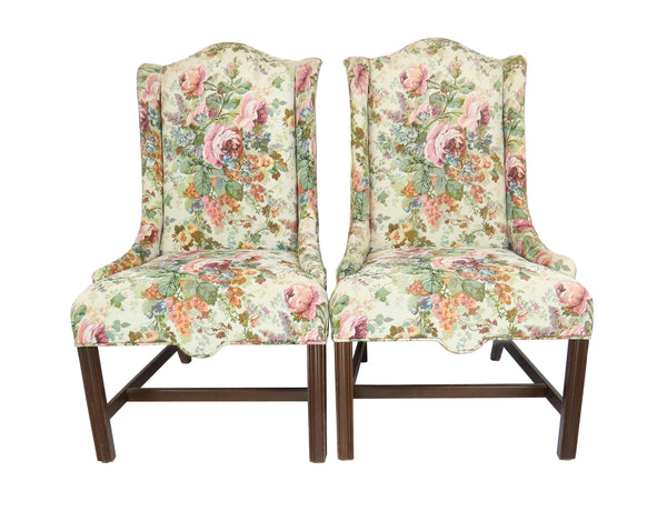 edgebrookhouse Vintage Georgian Style Camelback Shallow Wing Chairs With Walnut Legs - a Pair