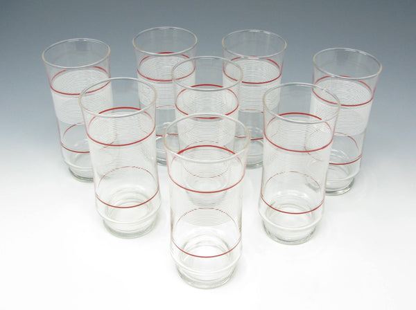 Vintage 1980s Crisa Contempo Glass Tumblers with White and Red Stripes - 8 Pieces