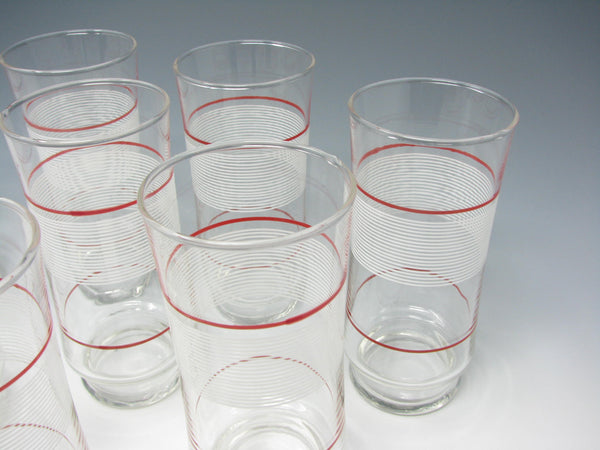 Vintage 1980s Crisa Contempo Glass Tumblers with White and Red Stripes - 8 Pieces
