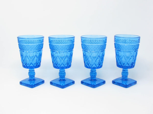 edgebrookhouse Vintage Imperial Glass Ohio Cape Cod Blue Antique Turquoise Pressed Patterned Glass Goblets - 4 Pieces
