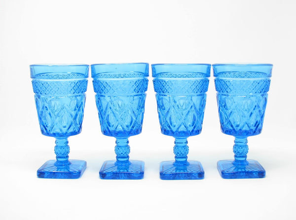 edgebrookhouse Vintage Imperial Glass Ohio Cape Cod Blue Antique Turquoise Pressed Patterned Glass Goblets - 4 Pieces