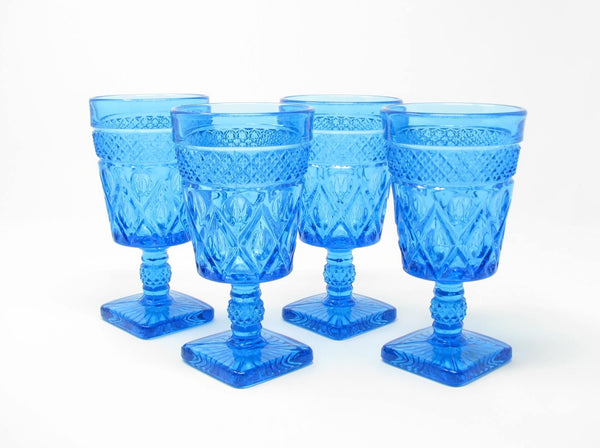 edgebrookhouse Vintage Imperial Glass Ohio Cape Cod Blue Antique Turquoise Pressed Patterned Glass Goblets - 4 Pieces