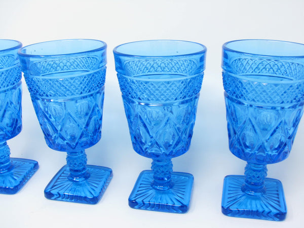 edgebrookhouse Vintage Imperial Glass Ohio Cape Cod Blue Antique Turquoise Pressed Patterned Glass Goblets - 4 Pieces