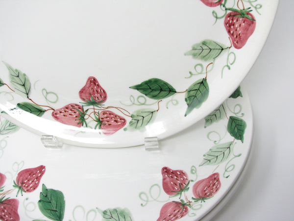 Vintage Italian Coupe Ceramic Charger or Chop Plates with Hand-Painted Strawberry Pattern - 4 Pieces